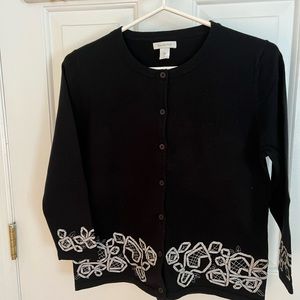 Super cute black cardigan with ribbon trim detail!